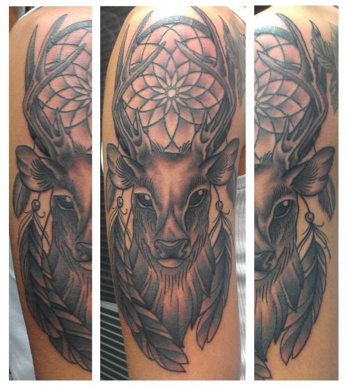 Grey Ink Deer Dreamcatcher Tattoo On Half Sleeve